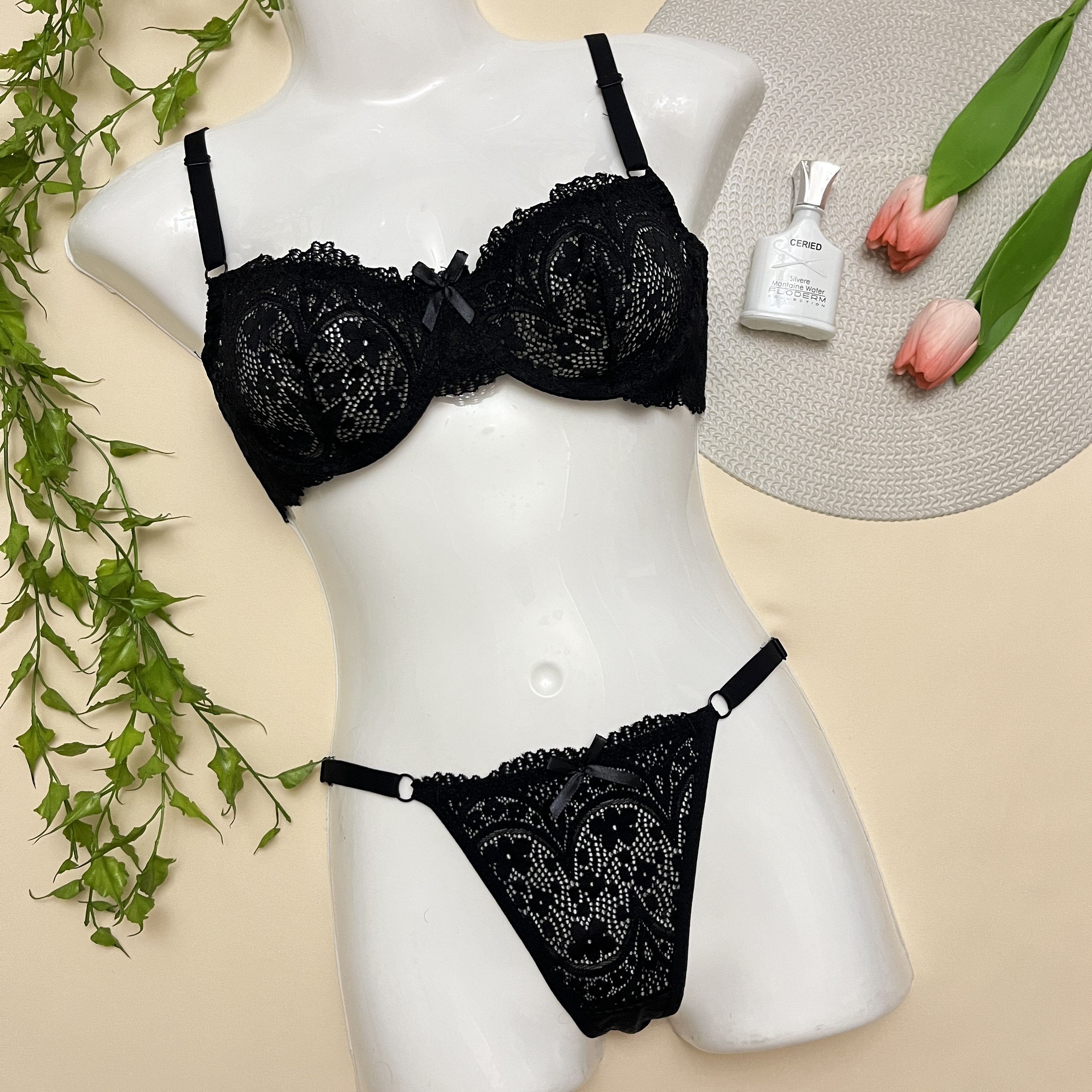 ست سوتین شورت زنانه فنردار گیپوری با شورت رگلاژدار/ سایزبندی 85 تا 100