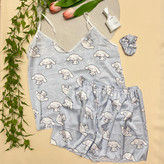 ست 3 تیکه تاپ شورتک زنانه به همراه کش مو طرح فانتزی جنس ساتن | free size