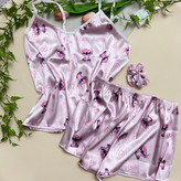 ست 3 تیکه تاپ شورتک زنانه به همراه کش مو طرح استیچ جنس ساتن | free size