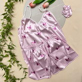 ست 3 تیکه تاپ شورتک زنانه به همراه کش مو طرح پروانه جنس ساتن | free size